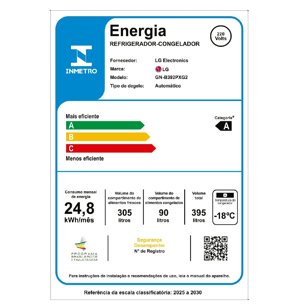 Refrigerador LG 395 Litros Frost Free Inverter Duplex Preto Inox GN-B392PXG - 220 Volts